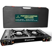 Green Haven Double Burner Camping Stove Only, Portable Butane or LPG Cooker with Grill Plate