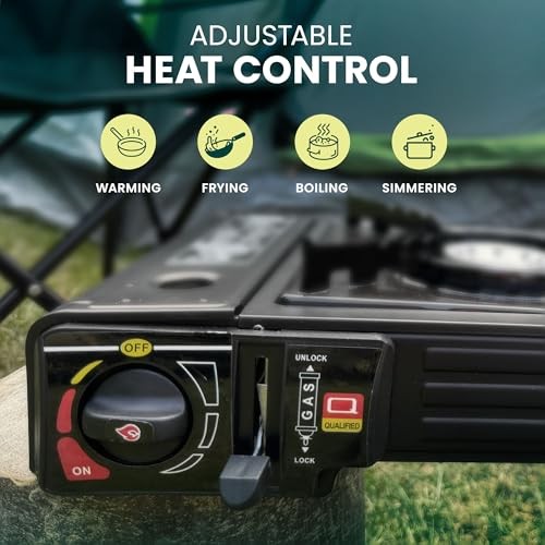 Green Haven Double Burner Camping Stove Only, Portable Butane or LPG Cooker with Grill Plate-2