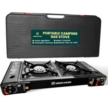 Green Haven Double Burner Camping Stove Only, Portable Butane or LPG Cooker with Grill Plate