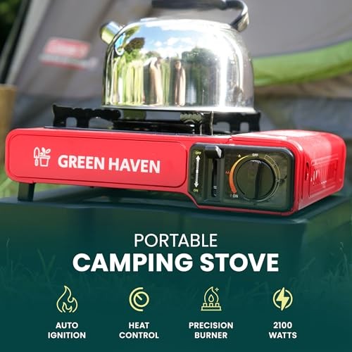 Green Haven Portable Camping Gas Stove, Red, Stove + 4 Gas Canisters, with Carry Case-1