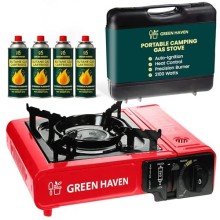 Green Haven Portable Camping Gas Stove, Red, Stove + 4 Gas Canisters, with Carry Case