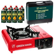 Green Haven Portable Camping Gas Stove with Carry Case, Red, Stove + 8 Gas