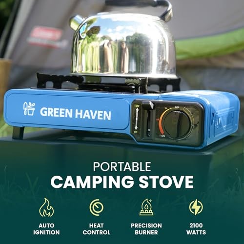 Green Haven Portable Camping Gas Stove, Blue, Stove + 4 Gas Canisters, with Carry Case-1