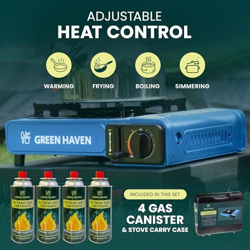 Green Haven Portable Camping Gas Stove, Blue, Stove + 4 Gas Canisters, with Carry Case-2