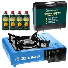 Green Haven Portable Camping Gas Stove, Blue, Stove + 4 Gas Canisters, with Carry Case