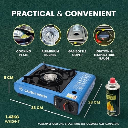 Green Haven Portable Camping Gas Stove, Blue, Stove + 4 Gas Canisters, with Carry Case-5
