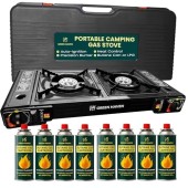 Green Haven Double Burner Camping Stove + 8 Gas Canisters, Auto Ignition