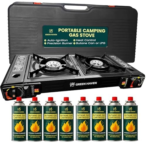 Green Haven Double Burner Camping Stove + 8 Gas Canisters, Auto Ignition