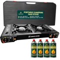 Green Haven Double Burner Camping Stove + 4 Gas Canisters