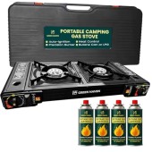 Green Haven Double Burner Camping Stove + 4 Gas Canisters