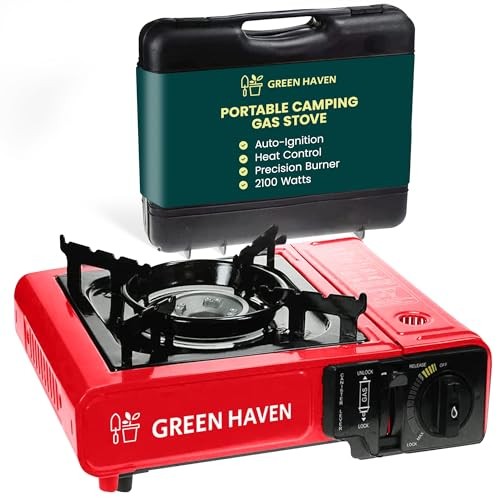 Green Haven Portable Camping Gas Stove with Carry Case, Red