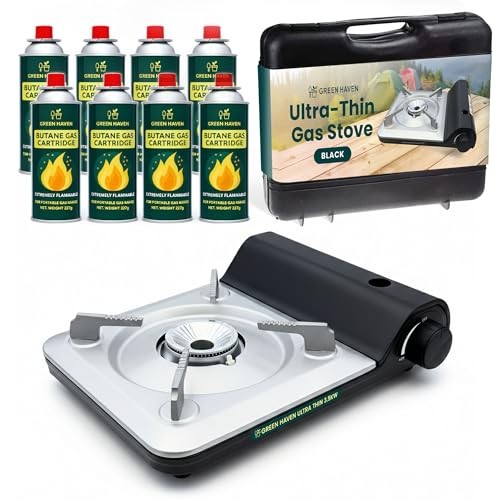 Green Haven Ultra Slim Portable Butane Gas Stove, Single Burner, Stove + 8 Gas