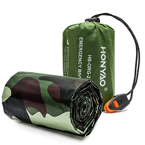 HONYAO Emergency Bivvy Bag with Survival Whistle, Camouflage, 1 Pack