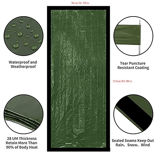HONYAO Survival Sleeping Bag Emergency Bivvy Bag, Reusable Rescue Blanket, 2 Pack, Green With Whistle#2-1