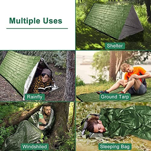 HONYAO Survival Sleeping Bag Emergency Bivvy Bag, Reusable Rescue Blanket, 2 Pack, Green With Whistle#2-3