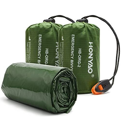 HONYAO Survival Sleeping Bag Emergency Bivvy Bag, Reusable Rescue Blanket, 2 Pack, Green With Whistle#2