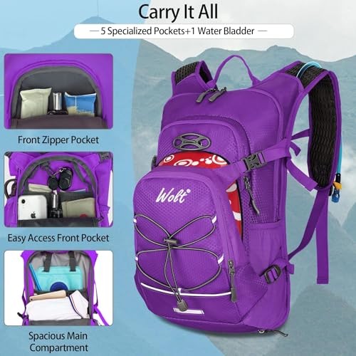 WOLT Hydration Backpack 18L with 2L Water Bladder, Purple-1