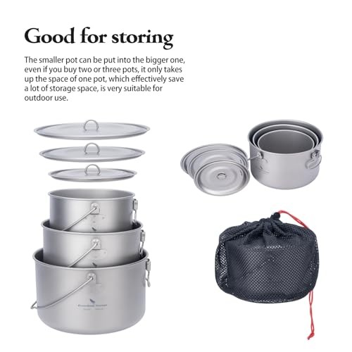 iBasingo Titanium Camping Pot Set 1.3L, 1.95L and 2.9L with Lid-5