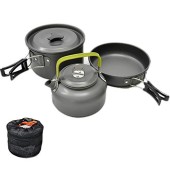 JZK Camp Cookware Set for 2-3 People with Pan, Pot and Teapot