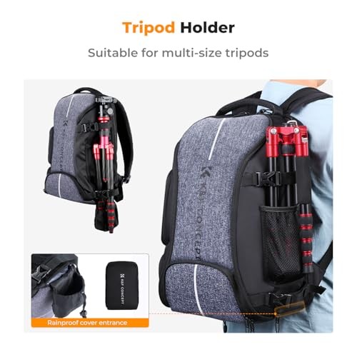 K&F CONCEPT 25L Camera Backpack with Rain Cover and 15.6-inch Laptop Compartment, Black Grey-4
