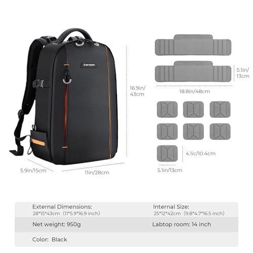K&F CONCEPT 18L Camera Backpack for DSLR and SLR Cameras with Laptop and Tripod Compartment, Black/Orange-8