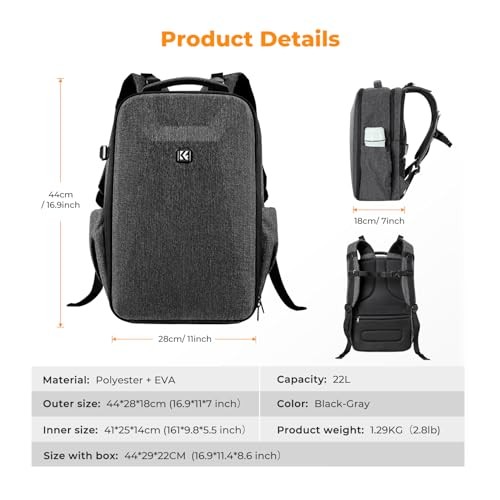 K&F CONCEPT Grey Hardshell Camera Backpack with 15 to 15.6 Inch Laptop Compartment-6