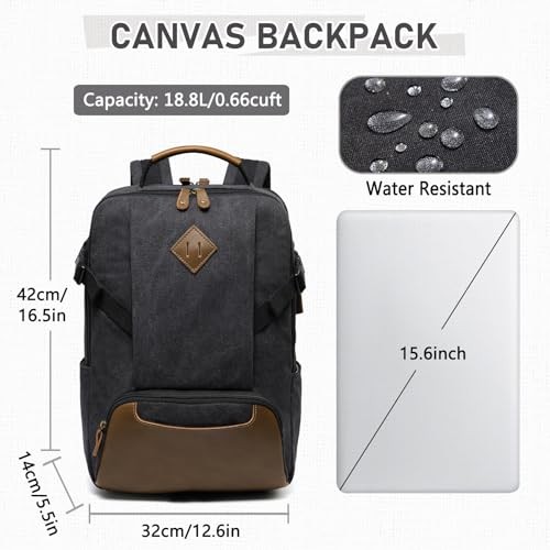 Kasgo Vintage Canvas Backpack with 15.6 inch Laptop Compartment, USB Charging, Black-1