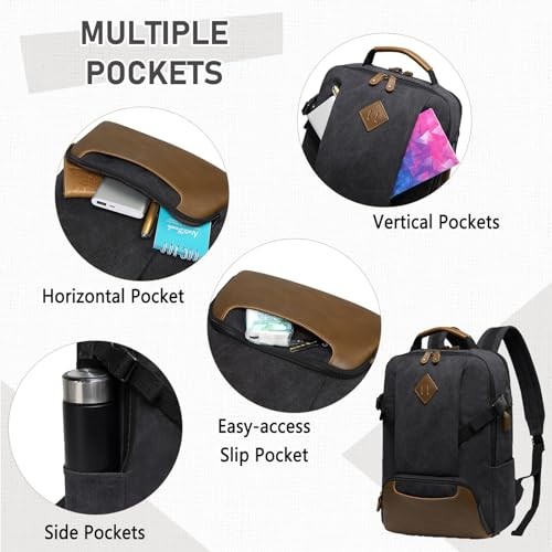 Kasgo Vintage Canvas Backpack with 15.6 inch Laptop Compartment, USB Charging, Black-2