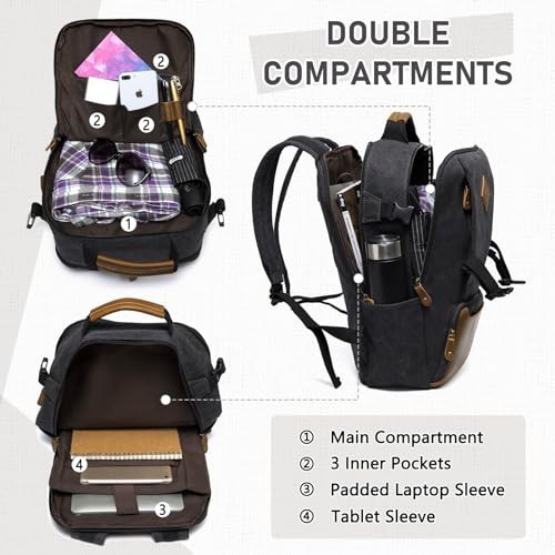 Kasgo Vintage Canvas Backpack with 15.6 inch Laptop Compartment, USB Charging, Black-3