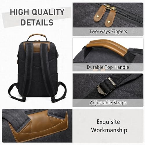 Kasgo Vintage Canvas Backpack with 15.6 inch Laptop Compartment, USB Charging, Black-4