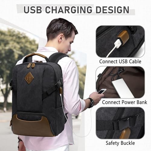 Kasgo Vintage Canvas Backpack with 15.6 inch Laptop Compartment, USB Charging, Black-5