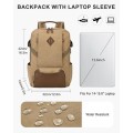 Kasgo Khaki Laptop Backpack, Water-Resistant Vintage Canvas Rucksack for 15.6 Inch Laptops with USB Charging Port