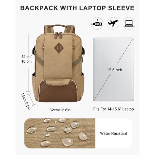 Kasgo Khaki Laptop Backpack, Water-Resistant Vintage Canvas Rucksack for 15.6 Inch Laptops with USB Charging Port-1