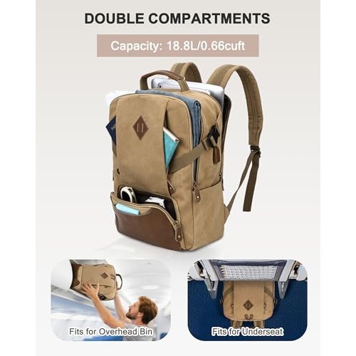 Kasgo Khaki Laptop Backpack, Water-Resistant Vintage Canvas Rucksack for 15.6 Inch Laptops with USB Charging Port-4