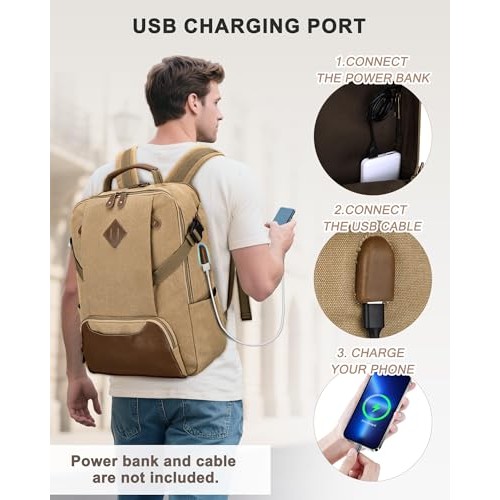 Kasgo Khaki Laptop Backpack, Water-Resistant Vintage Canvas Rucksack for 15.6 Inch Laptops with USB Charging Port-5
