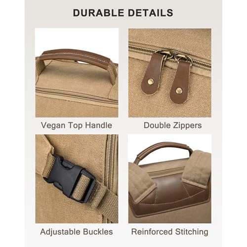 Kasgo Khaki Laptop Backpack, Water-Resistant Vintage Canvas Rucksack for 15.6 Inch Laptops with USB Charging Port-6