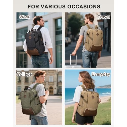Kasgo Khaki Laptop Backpack, Water-Resistant Vintage Canvas Rucksack for 15.6 Inch Laptops with USB Charging Port-7
