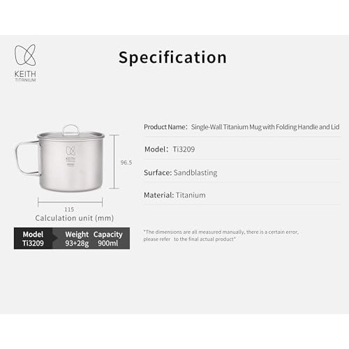 Keith Titanium Camping Pot 900ml with Lid and Folding Handle-2