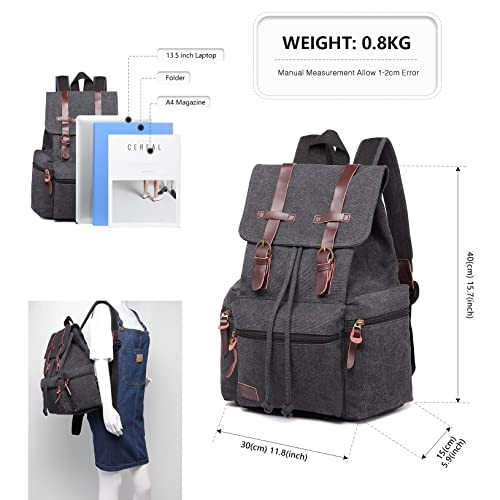 Kono Canvas Backpack Unisex Vintage Rucksack, Black-6
