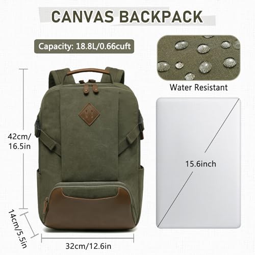 Kasgo Vintage Canvas Laptop Backpack, Water-Resistant, Anti-Theft, Army Green-1