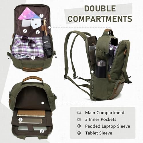 Kasgo Vintage Canvas Laptop Backpack, Water-Resistant, Anti-Theft, Army Green-2