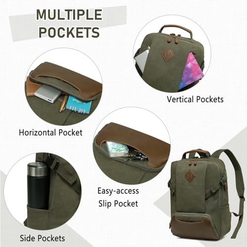 Kasgo Vintage Canvas Laptop Backpack, Water-Resistant, Anti-Theft, Army Green-3