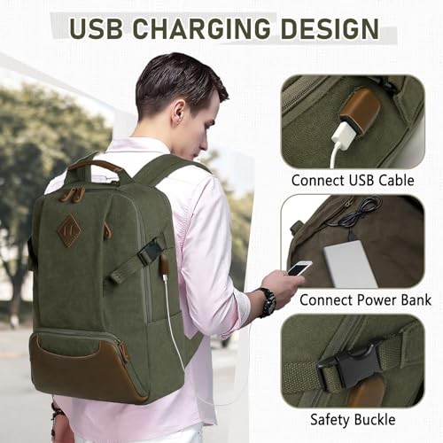 Kasgo Vintage Canvas Laptop Backpack, Water-Resistant, Anti-Theft, Army Green-4