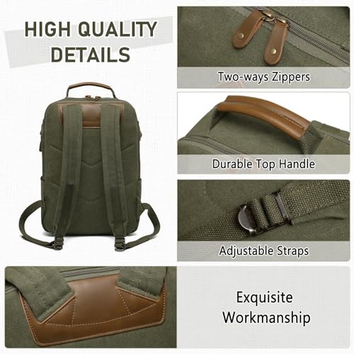 Kasgo Vintage Canvas Laptop Backpack, Water-Resistant, Anti-Theft, Army Green-5