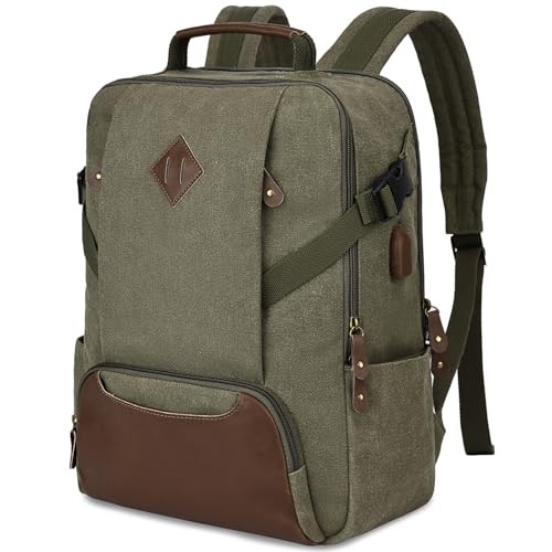 Kasgo Vintage Canvas Laptop Backpack, Water-Resistant, Anti-Theft, Army Green