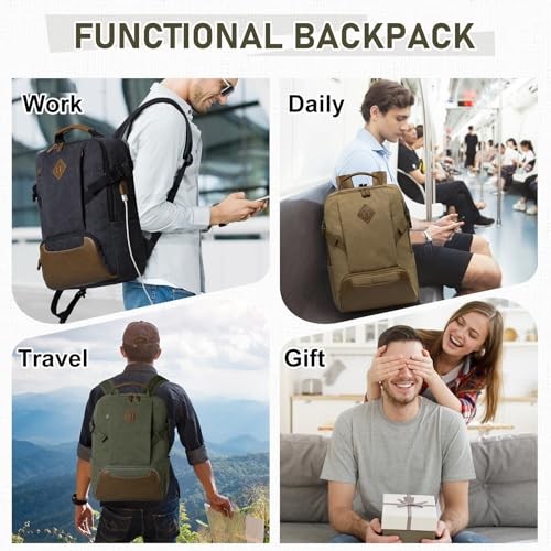Kasgo Vintage Canvas Laptop Backpack, Water-Resistant, Anti-Theft, Army Green-6