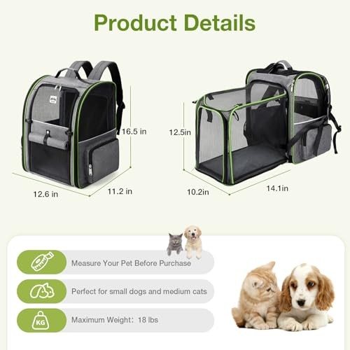 Lekesky Large Expandable Cat Carrier Backpack, Green, Size L-1