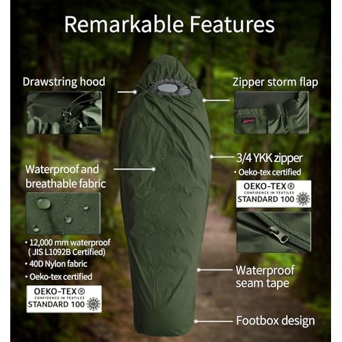 Litume Waterproof Mummy-Style Sleeping Bag Cover Bivy Sack, Army Green-2
