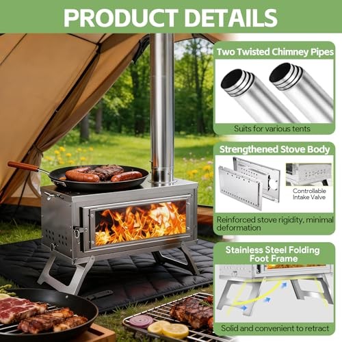 NBYTLT Collapsible Camping Tent Wood Stove with 8 Chimney, Carry Bag and Ash Grate-2