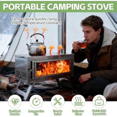 NBYTLT Collapsible Camping Tent Wood Stove with 8 Chimney, Carry Bag and Ash Grate-3